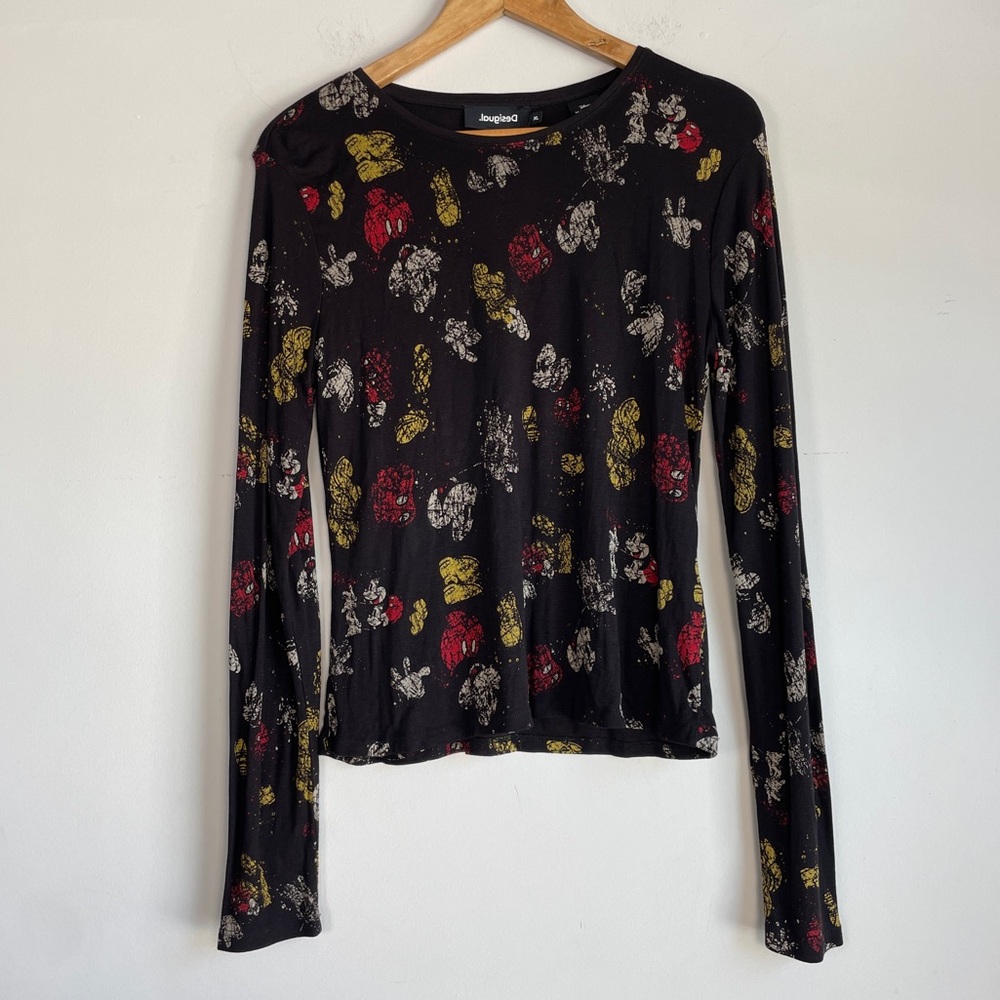 Desigual Disney Mickey Long Sleeve Tee Size XL Y2K Stretch Art to Wear Artsy
